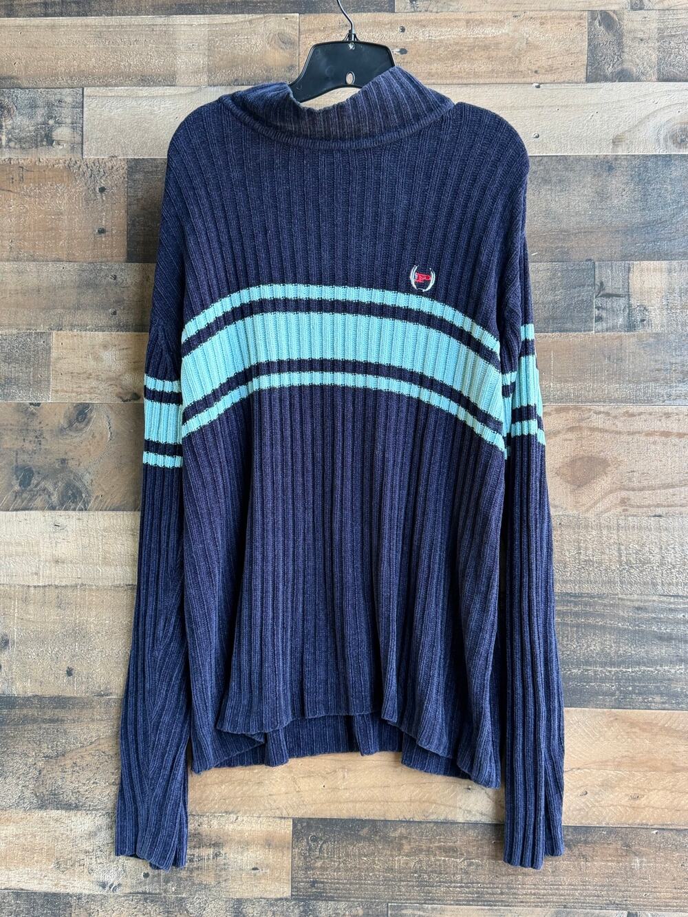 Vintage Y2K Phat Farm Chunky Ribbed Mock Neck Sweater Men's Size M -Blue Striped